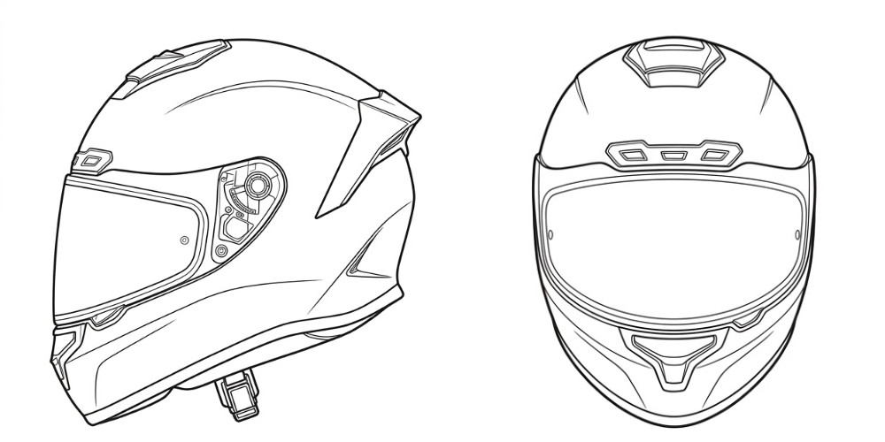 Dibujo técnico de un casco para moto integral sin marca